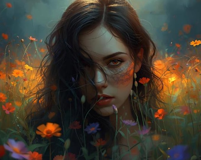 Woman in a Field of Flowers – AI Digital Artwork | Flower Wall Art, Women's Art, Nature Scene, Flower Illustration, Instant Download, Digital Art