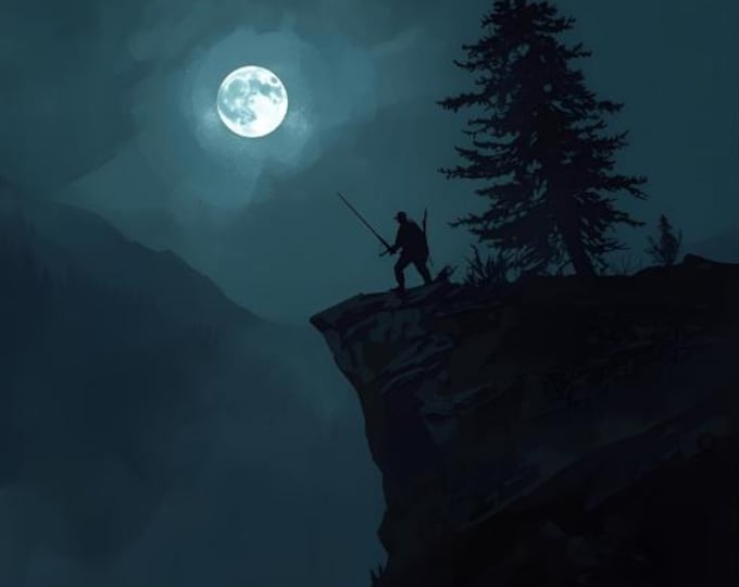 Man on Cliff Edge in Full Moon Digital Download | AI Art, Night Hike Wall Decor, Digital Landscape Image, Instant Download