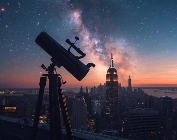 City Skyline Telescope Night View Art Print | AI Digital Product | Milky Way Galaxy Photography Wall Decor | Urban Stargazing Printable Art