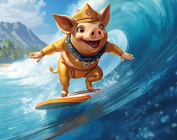 Golden Lucky Pig on Surfboard – AI Digital Download | Lucky Symbols, Surfer Wall Art, Lucky Charm Illustration, Instant Download