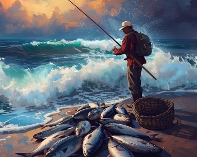 Fisherman with Fish on the Shore–AI Digital Download | Fishing Art Nature Wall Decor, Fishing Scene, Water & Animal Illustration, Instant Download