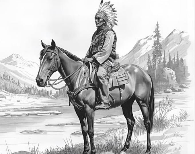 Old Indian with Horse – AI Digital Download | Native American Art, Wildlife Wall Decor, Indian Scene, Nature & Animal Illustration,