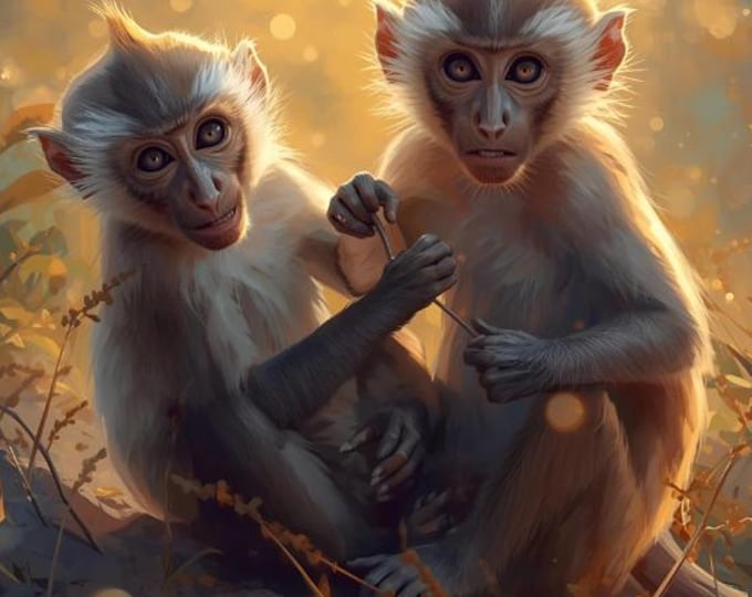 Cute Monkey Couple Print | Digital Download Animal Artwork | Wildlife Portrait Artwork | Forest Primate Scene for Modern Home Decor