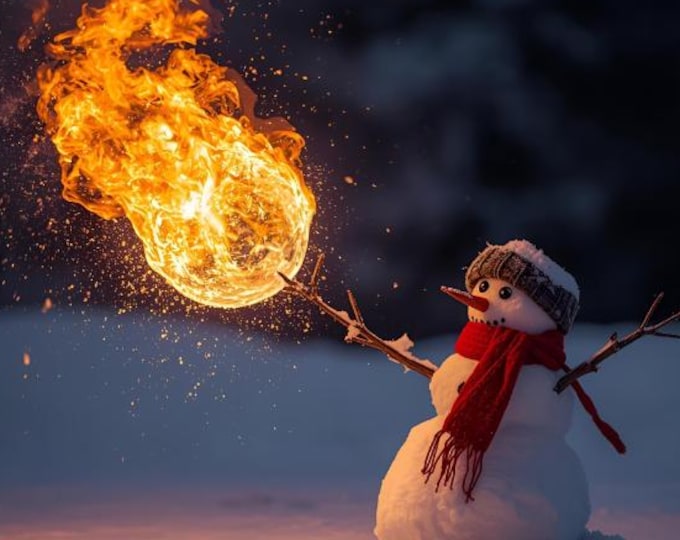 Snowman with Fireball | Winter Fantasy Digital AI Product | Dramatic Snow Scene Poster | Holiday Contrast Wall Art | Unique Snowman Decor