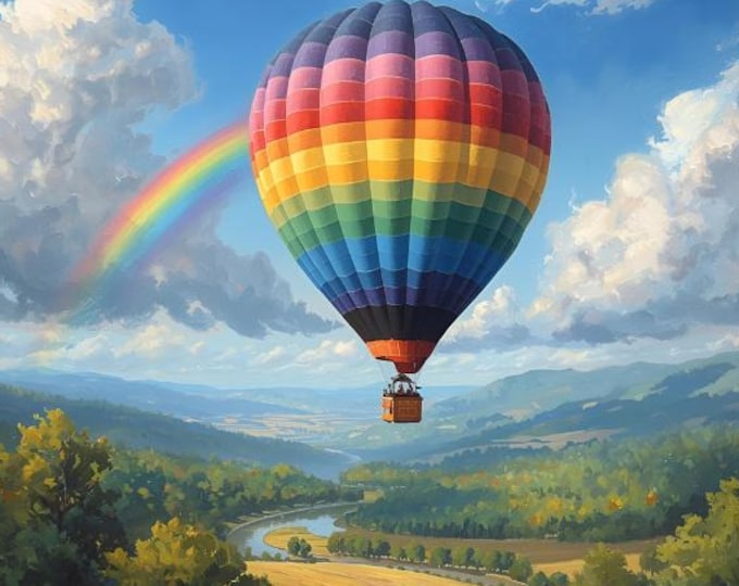 Vintage Balloon with Rainbow Art Print | Hot Air Balloon AI Digital Download | Colorful Nursery Wall Art | Fantasy Landscape Print