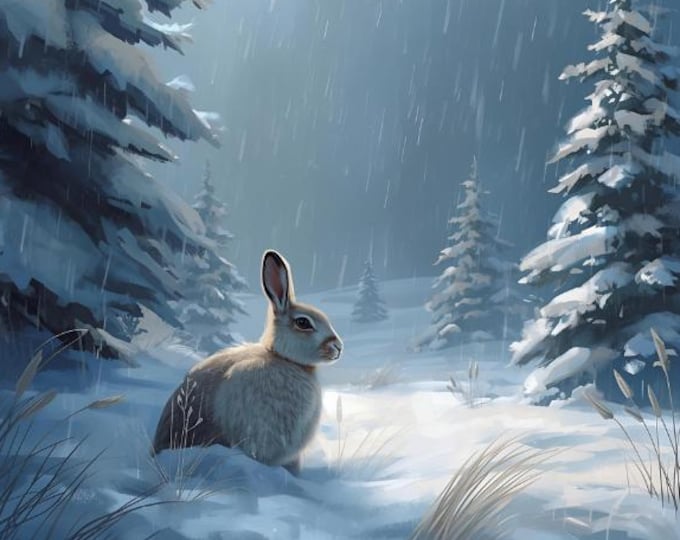 Snow Hare in Deep Snow Digital Download | AI Art, Winter Animal Wall Decor, Hare Illustration, Digital Nature Landscape Print,