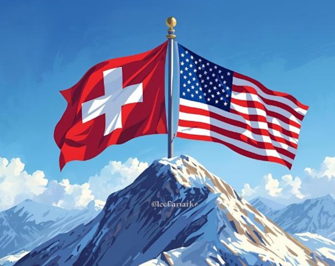 Swiss and American flags on a mountain – AI digital download | National flags landscape, wall art, flag illustration, download
