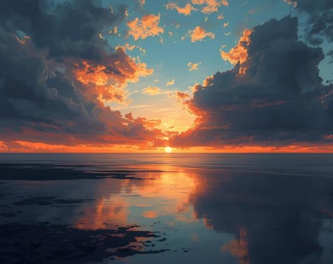 Sunset at Sea – AI Digital Download | Coastal Landscape, Beach Wall Art, Sea View Illustration, Nature Scene, Instant Download