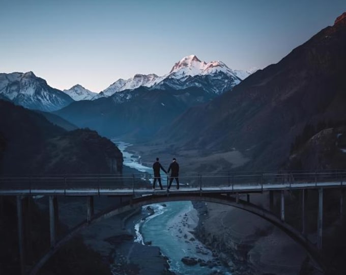 Two people on a bridge – AI Digital Download | Landscape Scene, Wall Art, People Illustration Nature & Architecture Art, Instant Download