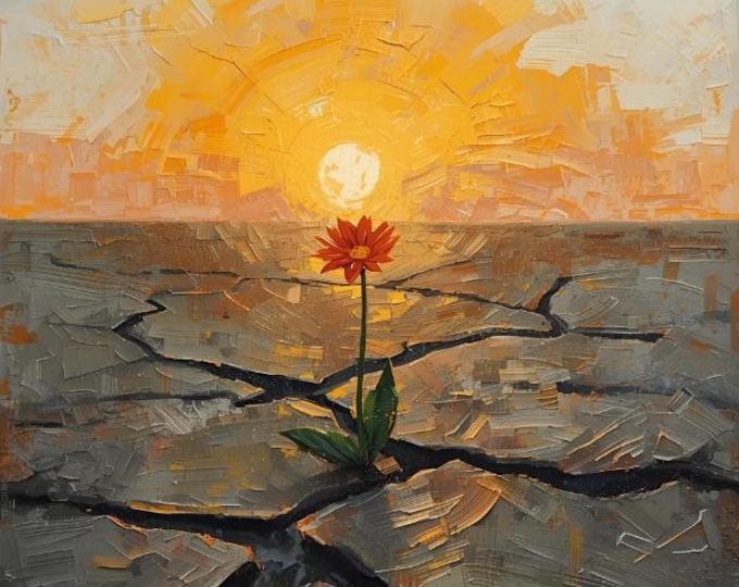Hope Rising Motivation Art Print | Flower in Cracked Earth Sunrise Painting | Inspirational Growth Wall Decor | AI Digital for Home Office