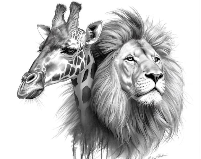 Safari Animal Wall Art Print | AI Digital | Modern Lion and Giraffe Illustration | Wildlife Home Decor | African Animal Artwork Printable
