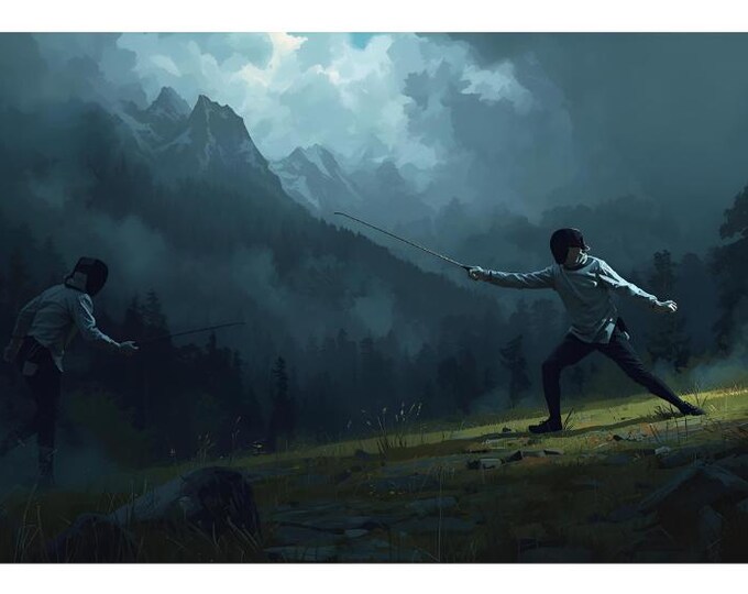 Two Fencers Fantasy Landscape Digital Print | Epic Battle Scene in Misty Mountains | Knight Martial Arts Art | Cinematic Fight AI Print