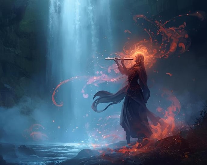 Mystical Flute Player Fantasy Art Print | Enchanted Waterfall Scene Wall Decor | Magical Spirit Artwork | Ethereal Fantasy Digital AI Art