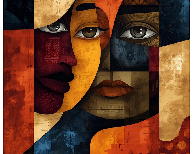 African Tribal Art with 3 Eyes | Digital Download AI Ethnic Art Print | Mystical African Motif, Afrocentric Wall Decor | Vintage 19th Century