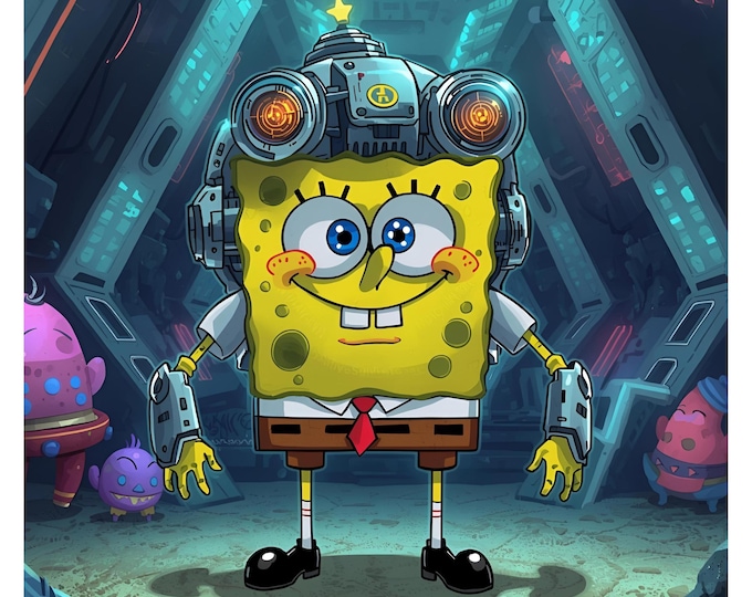 AI Sponge Art | Futuristic SpongeBob Digital Illustration | Cyberpunk Cartoon Character Art | Robotic SpongeBob Print | Unique Cartoon Decor