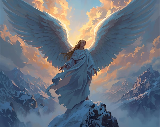 Angel with Mountain in Snow – AI Digital Download | Winter Angel Art, Snowy Landscape, Heavenly Wall Decor, Instant Download