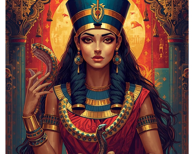 Egyptian Queen Nefertiti with Snake Print | Ancient Goddess Digital Portrait | Mystical Royal Woman Artwork | AI Digital Fantasy Wall Decor