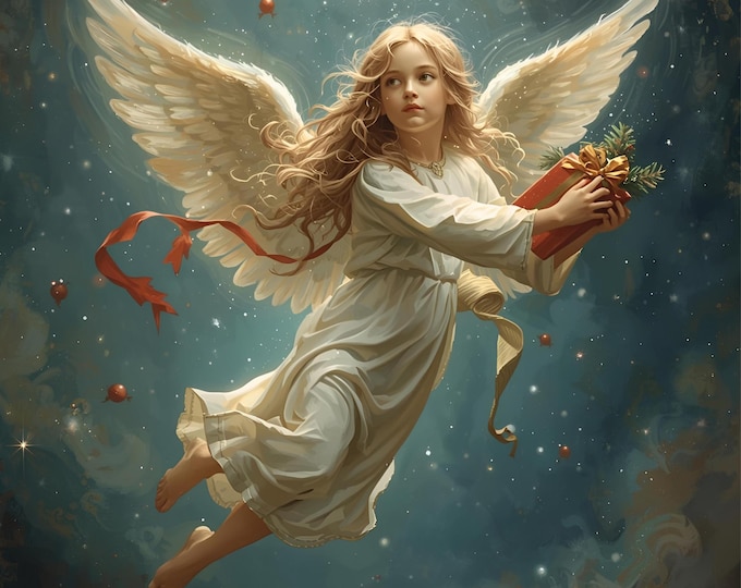 Celestial Angel Portrait with Wings | Holiday Spirit Digital AI Product | Christmas Angel Child Art | Festive Angel with Gift Wall Decor