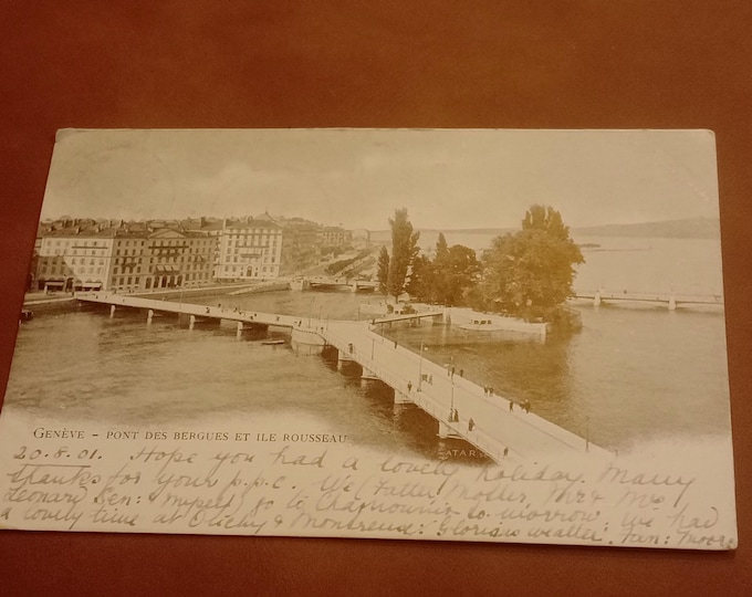 Original Vintage Postcard Geneva –Pont des Bergues&Île Rousseau, historical postcard, Switzerland, city view bridge souvenir, collector's card