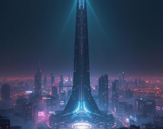 Futuristic City Tower Art | Neon Cyberpunk Skyline Print | AI Digital Sci-Fi Architecture | Modern Metropolis Home and Office Wall Decor