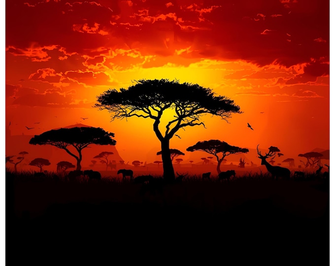 African Sunset Wall Art | Vibrant Savanna Landscape Digital Print | Safari Animal Silhouette Art | Red Sky Home Decor | Nature Lover Gift