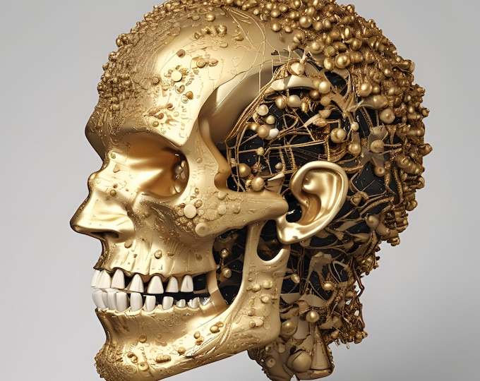 Steampunk Golden Skull Art AI Digital Print | Futuristic 3D Metallic Sculpture Print | Abstract Cyberpunk Wall Decor | Modern Tech Art