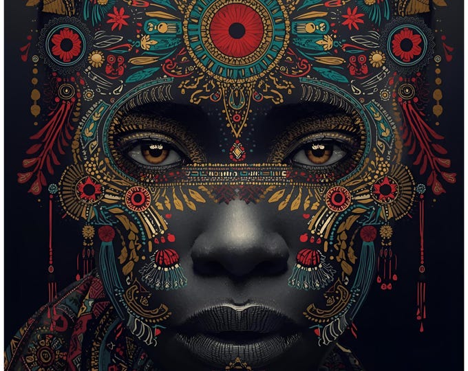 Colorful African Tribal Digital Art Print, Afrocentric Woman Portrait, Vibrant Colors Ethnic Wall Decor Instant Download, Unique Home Decor