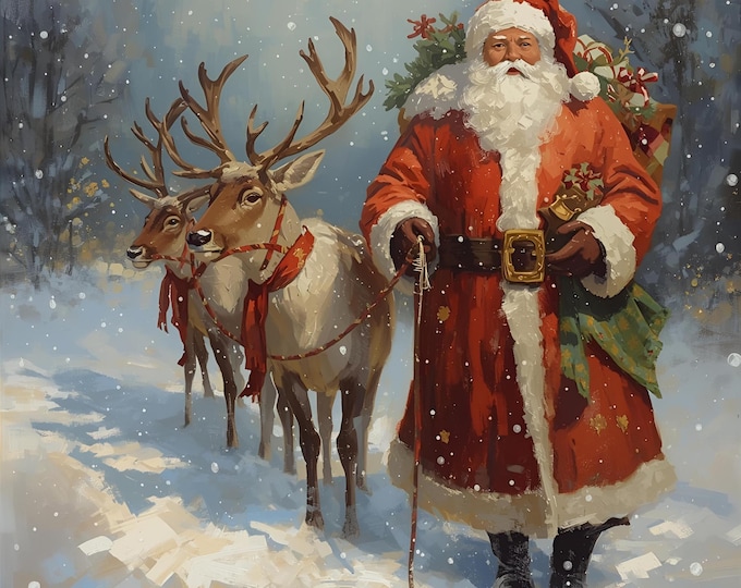 Vintage Christmas Santa Reindeer Digital AI Print | Santa Claus 19th Century Winter Scene | Snowy Gift Holiday Poster, Festive Tree Wall Art