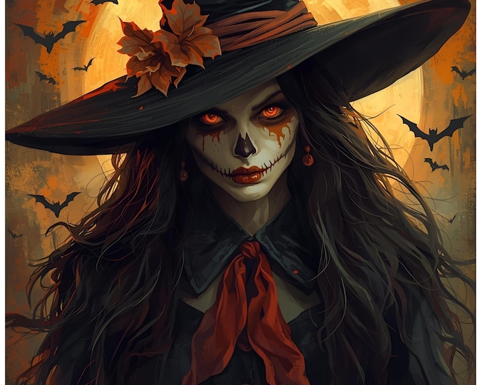 Gothic Witch Woman Art Print | Halloween Home Decor | Spooky Flying Bats and Full Moon Wall Art | Digital Download | Dark fantasy portrait