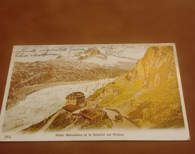 Original vintage postcard Hôtel Belvédère&Glacier du Rhône – Valais, Switzerland, historical postcard, mountain panorama, souvenir, collector's card