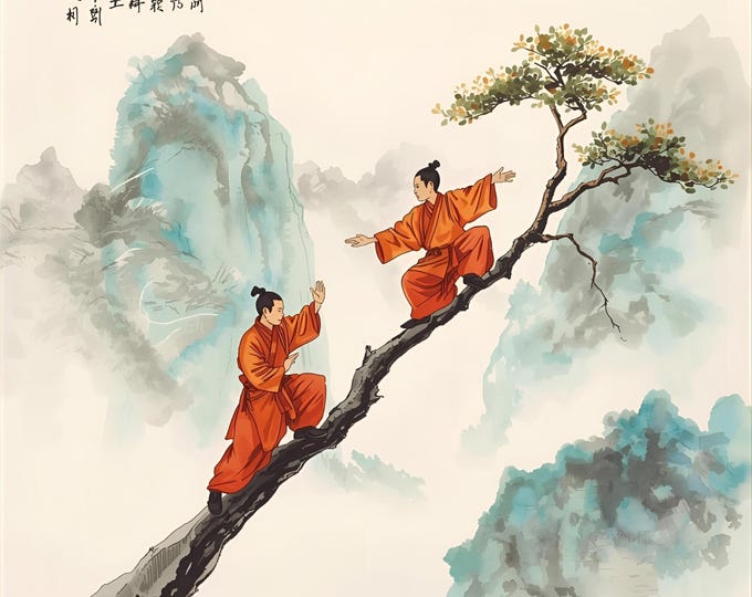 Martial Arts Tree Scene | Chinese Style Digital AI Product | Zen Balance Wall Art | Misty Mountain Sparring Art | Shaolin Monk Spiritual Art