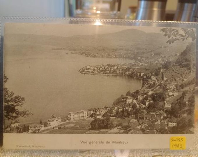 Original foiled vintage postcard Montreux - Switzerland, Alps Panorama, retro travel souvenir trading card, postcard, historical view
