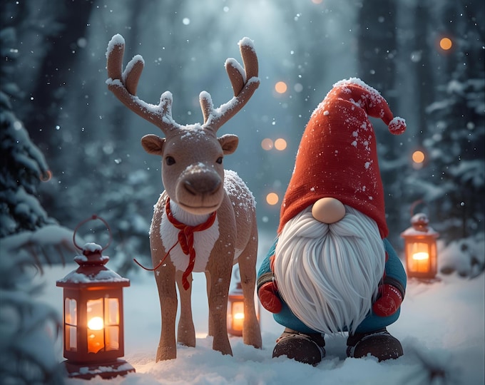 Festive Christmas Gnome with Reindeer AI Digital Art for Home Decor Unique Wall Art