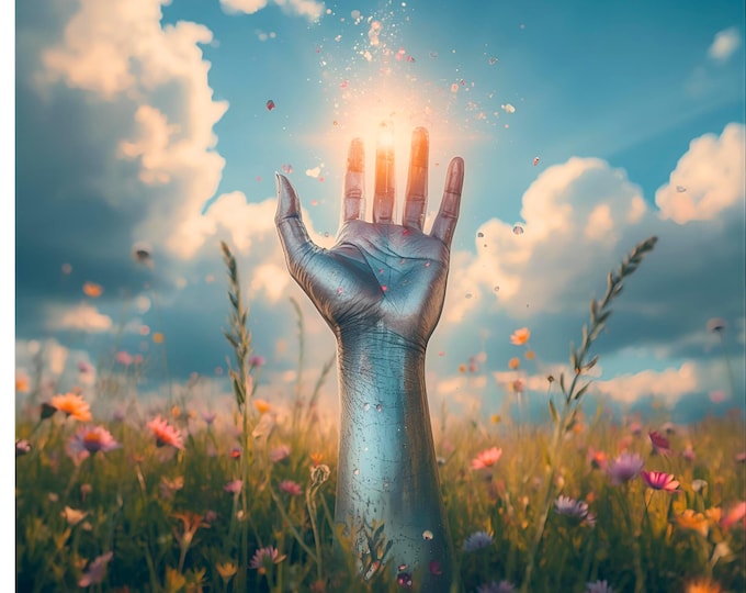 Abstract Silver Hand and Sky Symbol Digital Art | Futuristic Bloom Digital AI Print | Surreal Tech Flower Art for Home or Office Wall Decor