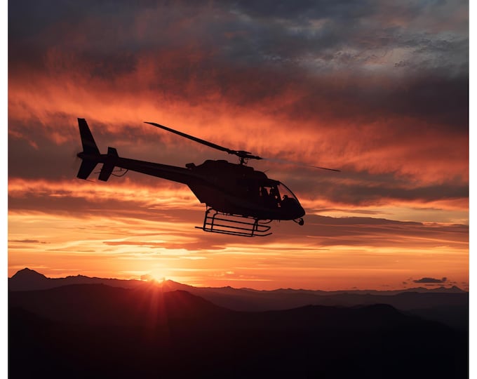 Modern Dramatic Helicopter Sunset Print | Mountain Scenery Wall Art | Rustic Aviation Decor | Pilot Gift | Nature Landscape Photography