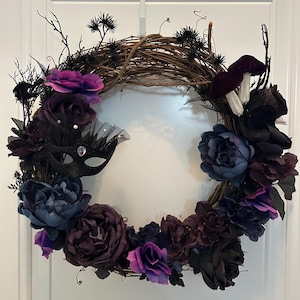 Gothic Halloween Wreath: Dark Floral Masquerade Mask & Velvet Mushrooms