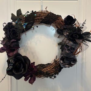 Gothic Halloween Wreath: Black Roses, Skull, Iridescent Butterflies