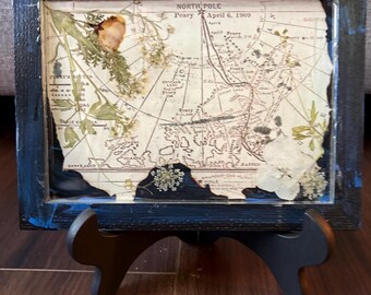 North Pole Map Collage, Pressed Flowers, Resin Art (6x8)