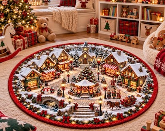 Christmas Village 3D Illusion Round Quilt Rug, Snowy Holiday Town Floor Decor, Festive Winter Village Christmas Rug, Cozy Home Decor