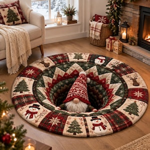 May include: A round Christmas tree skirt featuring a quilted pattern with a 3D optical illusion effect. The design includes motifs of snowmen, reindeer, and pine trees in red, green, and cream colors, with a gnome figure wearing a red hat.