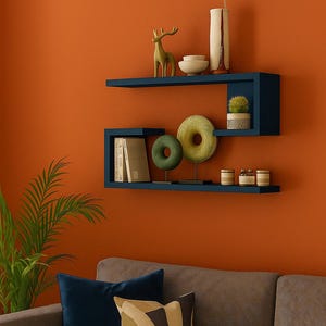 Marinblå geometrisk vägghylla – Modern flytande trähylla 60x20x15 cm