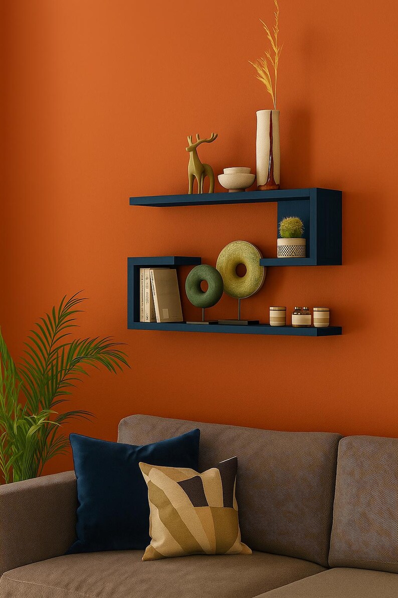 Navy Blue Geometric Wall Shelf – Modern Wooden Floating Display Rack ...