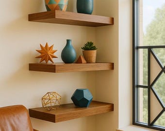 Modern Walnut Floating Corner Shelves – Thick 3-Tier Wall-Mounted Wood Display Shelves for Living Room, Office, or Entryway