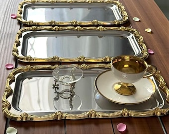 Set of 2 Stainless Steel Rectangular Serving Trays, Gold Rim Coffee Platter, Mirror Polish Butler Dish, Decorative Tea Tray, 17x33 cm