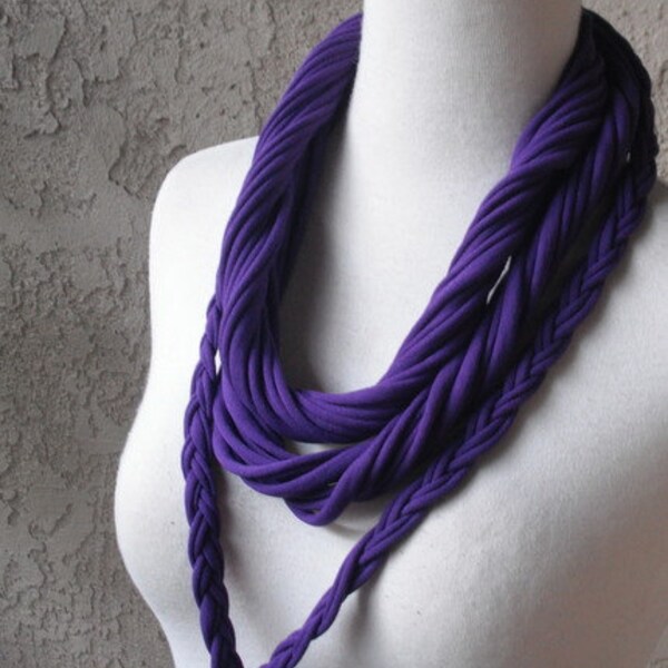 Braided Purple Jersey Scarf Necklace, Circular, Infinity, Cowl