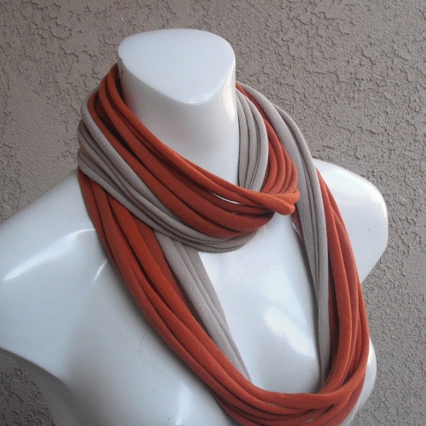 Upcycled Terra Cotta-Burnt Orange & Oatmeal - Jersey Tee Shirt Scarf - Infinity - Summer Scarf Necklace by Sandeeknits
