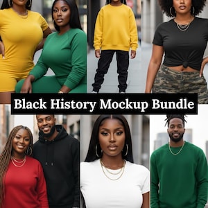 K&ouml;nnte beinhalten: Ein Mockup-Bundle mit verschiedenen Personen, die Kleidung in verschiedenen Farben tragen. Das Bild zeigt ein gelbes Kleid, einen gr&uuml;nen Pullover, ein schwarzes T-Shirt, einen roten Pullover, ein wei&szlig;es T-Shirt und einen gr&uuml;nen Pullover. Der Text "Black History Mockup Bundle" wird unten angezeigt.