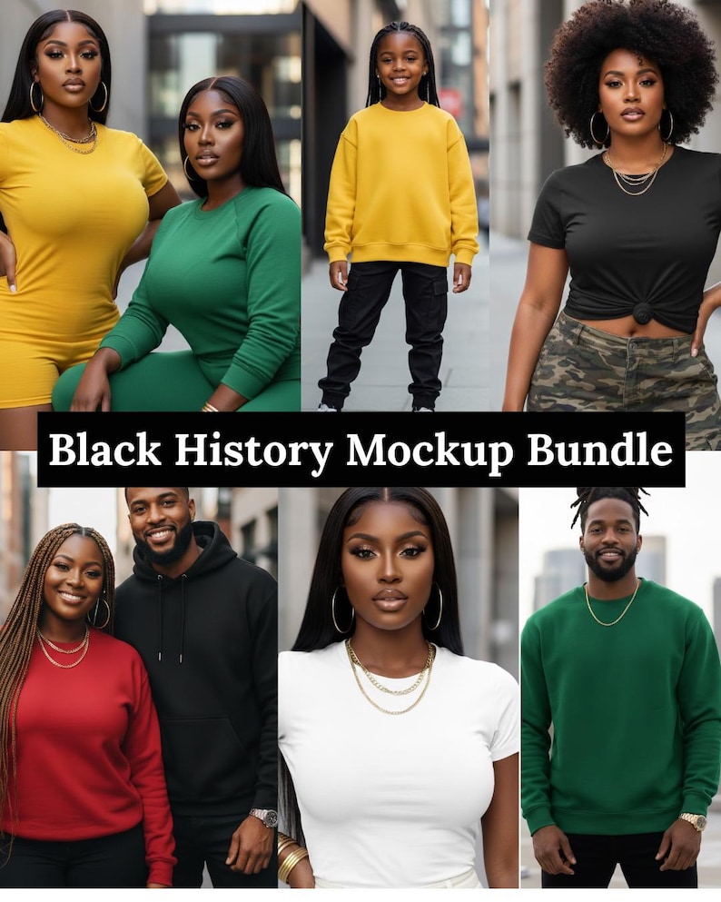 K&ouml;nnte beinhalten: Ein Mockup-Bundle mit verschiedenen Personen, die Kleidung in verschiedenen Farben tragen. Das Bild zeigt ein gelbes Kleid, einen gr&uuml;nen Pullover, ein schwarzes T-Shirt, einen roten Pullover, ein wei&szlig;es T-Shirt und einen gr&uuml;nen Pullover. Der Text "Black History Mockup Bundle" wird unten angezeigt.