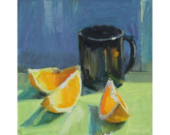 Black Cup and Orange Slices on Blue and Green, Kitchen Still Life