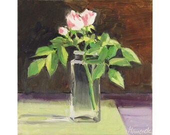 Pink Roses in a Square Glass Jar